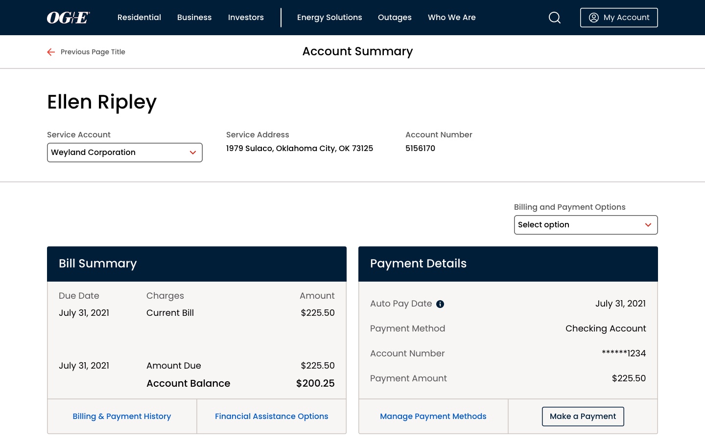 OGE website account summary after redesign.